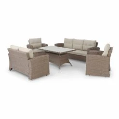Conjunto De Jardín 1 Sofá De 3 Plazas + 1 Sofá De 2 Plazas + 2 Sillones + 1 Mesa Alta 140x80x68cm Ratán Sintético Y Aluminio – Bolonia